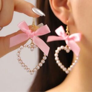 Pink Bow Pearl Heart Earrings